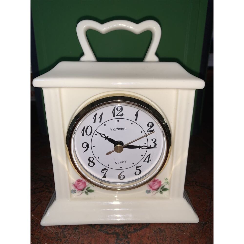 Vintage Ingraham Porcelain Table Clock Quartz Ivory Color Roses Flower Working